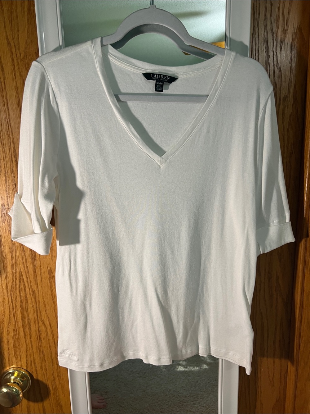 Lauren Ralph Lauren White V-Neck Short Sleeve Tee